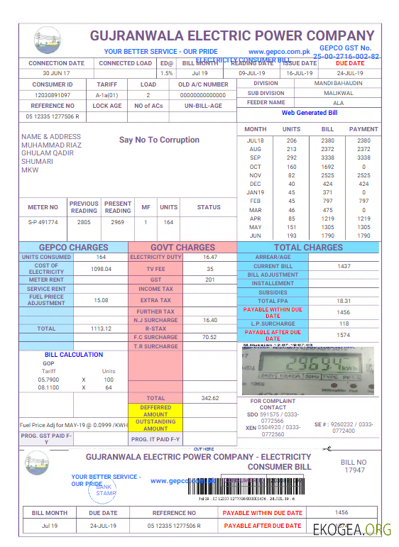 PAKISTAN GUJRANWALA ELECTRICPOWER utility bill Word and PDF template